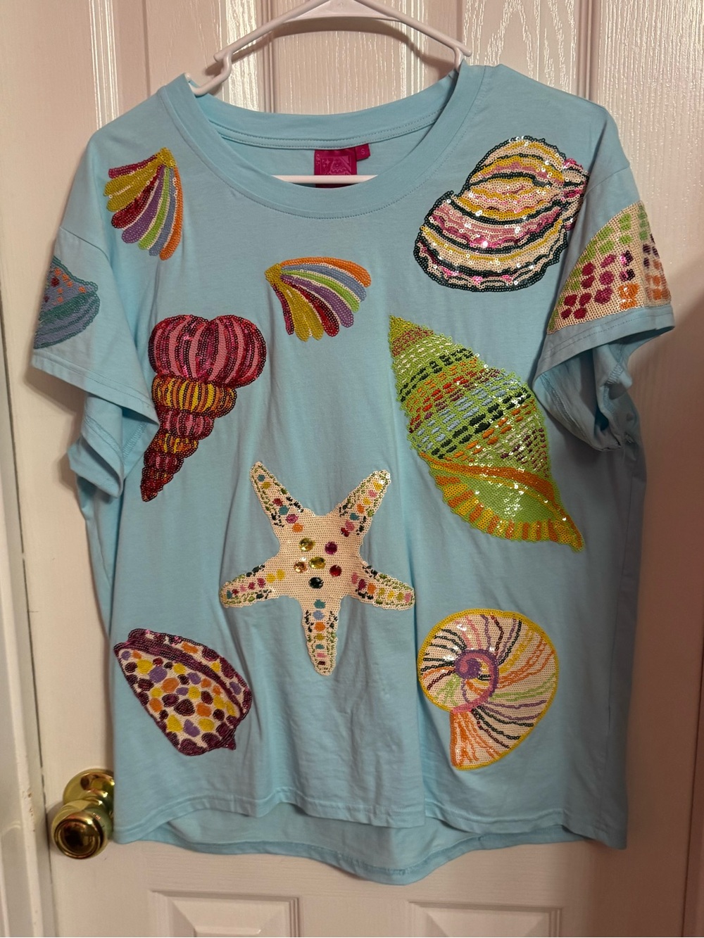 Queen of Sparkles Light Blue Sequin Seashell Tee